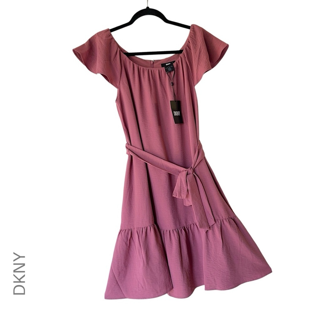 NWT DKNY FLUTTER SLEEVE DRESS RUFFLE HEM TIE WAIST ROSE | SIZE 4